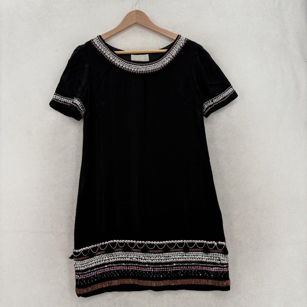 Maeve Catriona Embellished Shift Dress Womens 4 Black Anthropologie Beaded Party